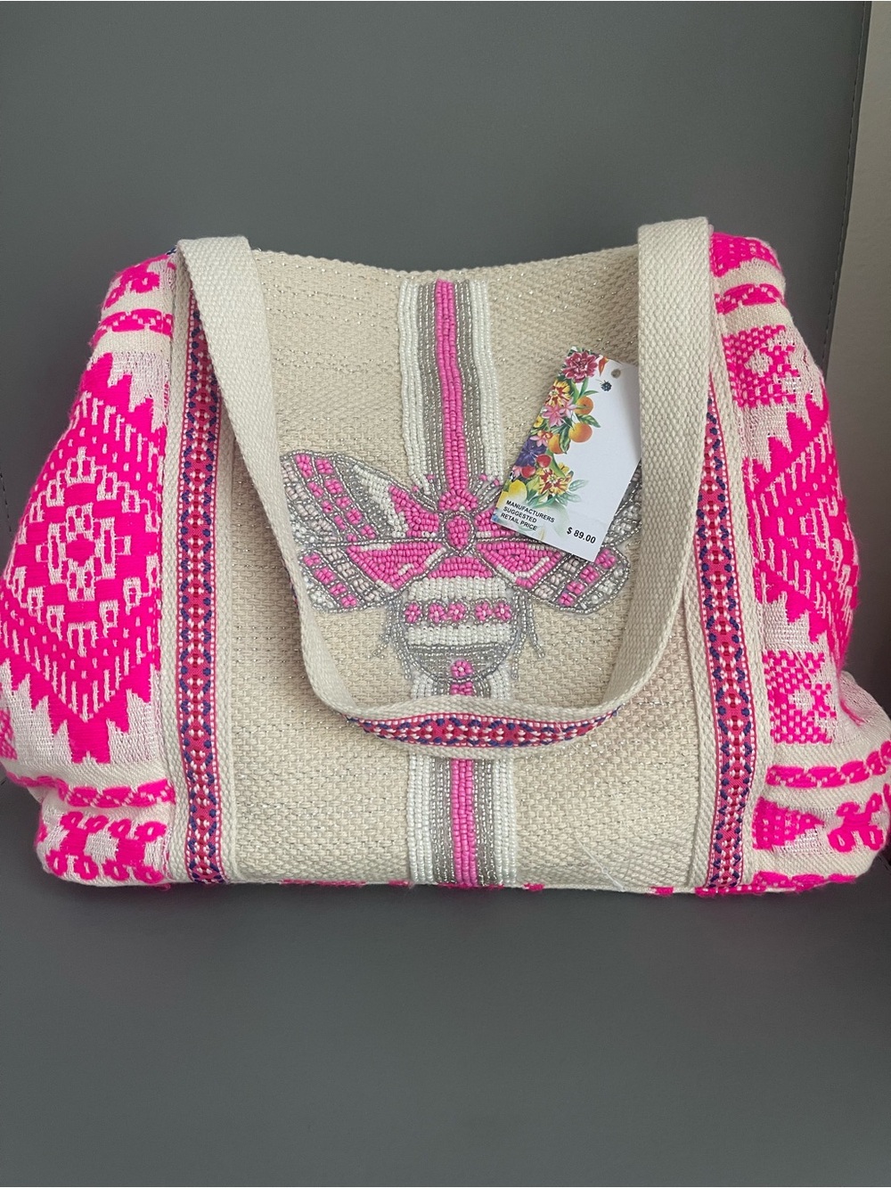 Express Edit Medium Pink  Beaded Bee Woven Tote Bag